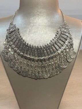 Vintage Turkish Coin Bib Silver Tone Matte Necklace.